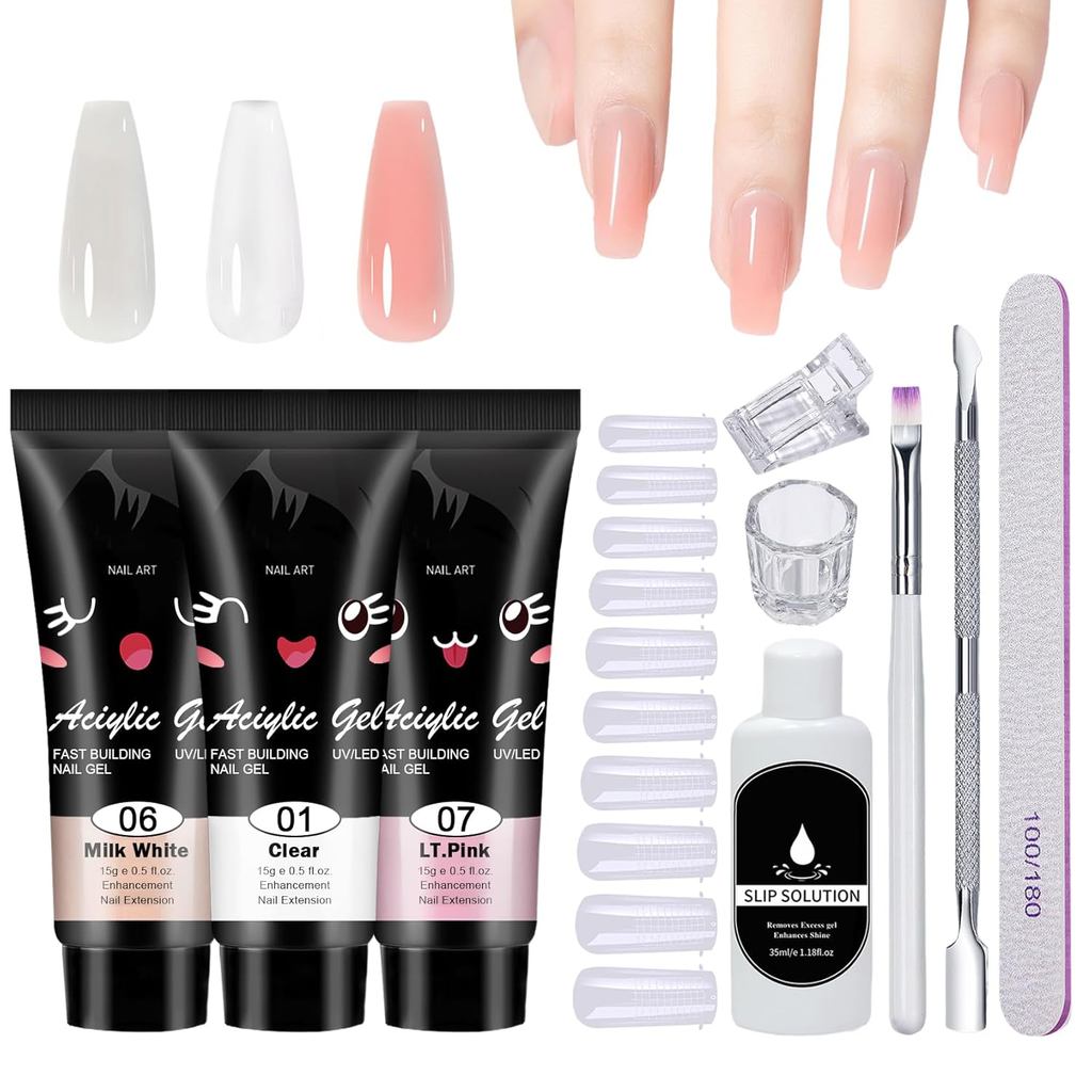 Bộ gel móng tay Poly, Bộ 10 móng tay Poly gel Bộ khởi động, Gel móng tay màu trắng trong suốt, Kit D