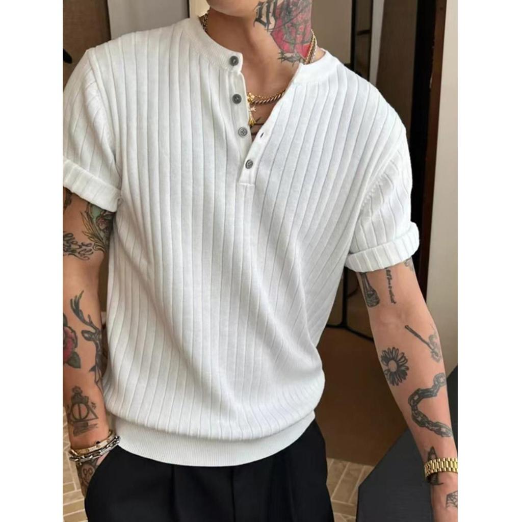 {Old Money Style Texture Pit Strip} Áo thun ngắn tay cổ Henry màu trơn nam thể thao cao cấp mùa hè