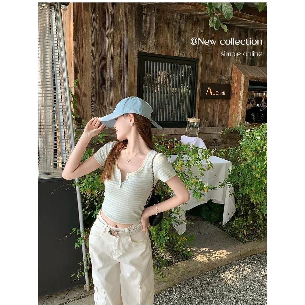 [BiGirls] Áo Thun Nữ Ngắn Tay, Cổ Trụ Tròn, Sọc kẻ ngang phối màu xanh dương, chất 92% cotton +8% Spandex  B013 | BigBuy360 - bigbuy360.vn