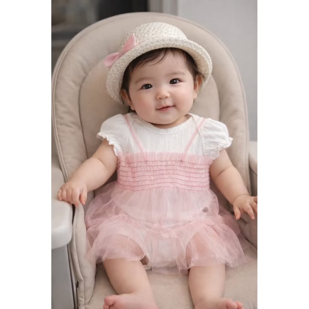 Nu PARTY Bộ bodysuit cộc màu trắng kèm váy xoè màu hồng