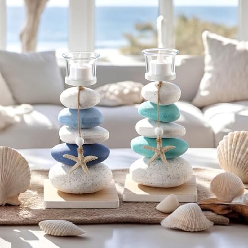 Mumufy 2 Pcs Fhouse Coastal Candle Holder with Natural Stone Starfish Blue Teal Ocean Theme Decor Dr