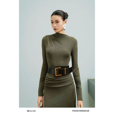 Đầm thun xanh rêu nhún vai eo thiết kế Elise mã FW2507209DIKCGE