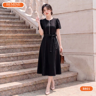 Đầm thiết kế BEMINE cổ tròn khóa kéo trước chạy viền dáng chữ A phù hợp đi làm-B801
