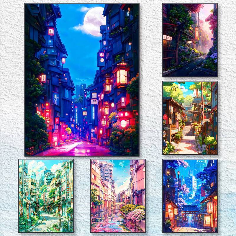 Anime Nhật Bản Cityscape Canvas Wall Art Sakura Street View Decor