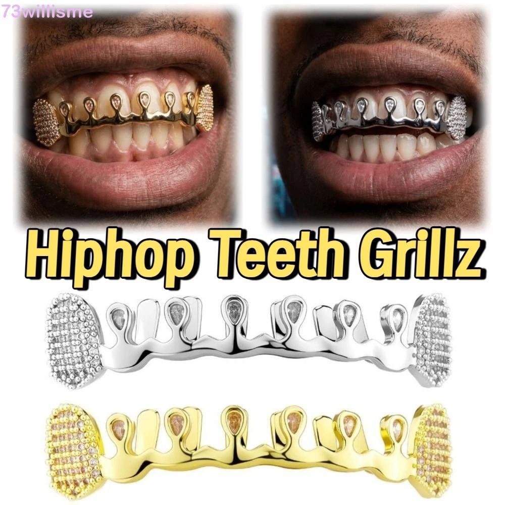WILLISME Hiphop Răng Grillz, Mũ Răng Kim Cương Giả Bling Punk, Màu Bạc Thời Trang Có Thể Tháo Rời Un