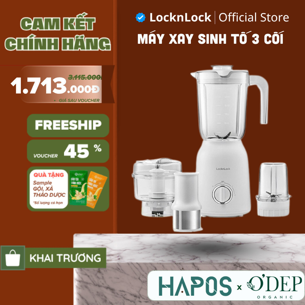 Máy xay sinh tố đa năng LocknLock 1.2L Chính hãng 3 cối 350W EJM462 có thể xay hạt khô, xay thịt - H