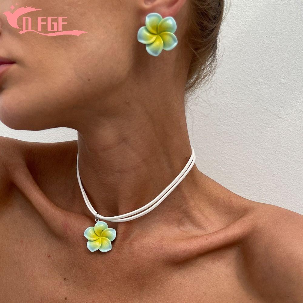 DFGF Vòng Cổ Hoa Bông Tai, Vòng Cổ Đi Biển Mặt Dây Chuyền Bông Tai Bộ Trang Sức, Hoa Trứng Thanh Lịc