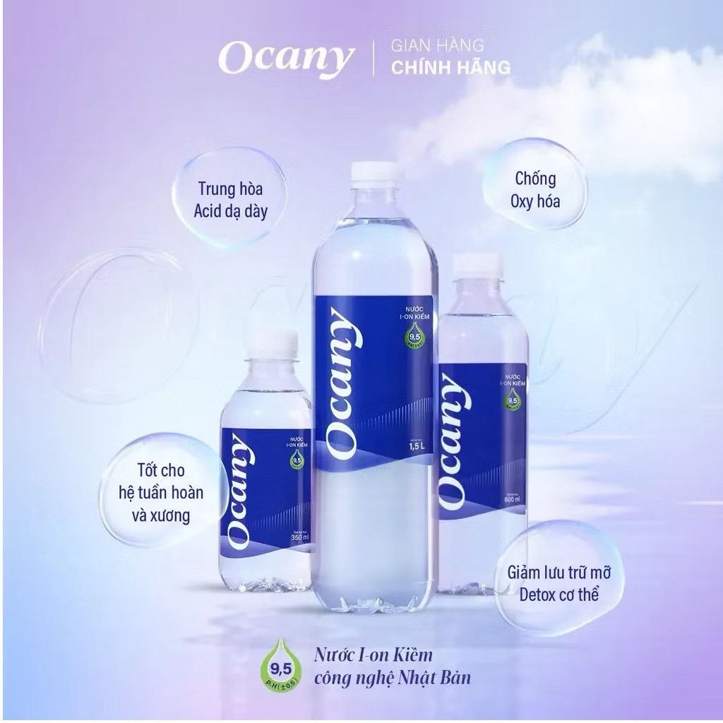 Thùng 24 chai Nước uống ION kiềm 350ml/500ml/1500ml Ocany Cao cấp pH9.5 giúp trung hoà axit dạ dày, 