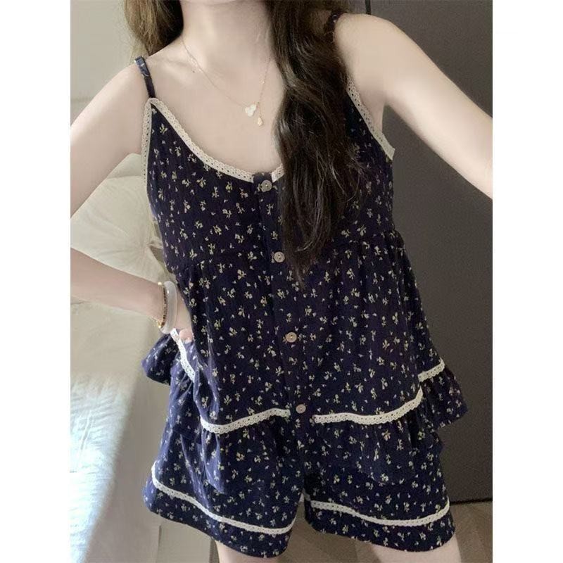 Bộ Đồ Ngủ Nữ Có Miếng Lót Ngực Cloud Cotton Họa Tiết Cao Cấp Cảm Giác Có Thể Mặc Bên Ngoài Hoa Treo 