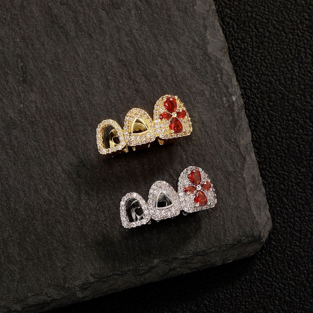 Niềng Răng Bốn Lá Đôi Trái Tim Lớn Zircon Niềng Răng Giáng Sinh Siêu Nhấp Nháy Kim Cương GRILLZ Răng