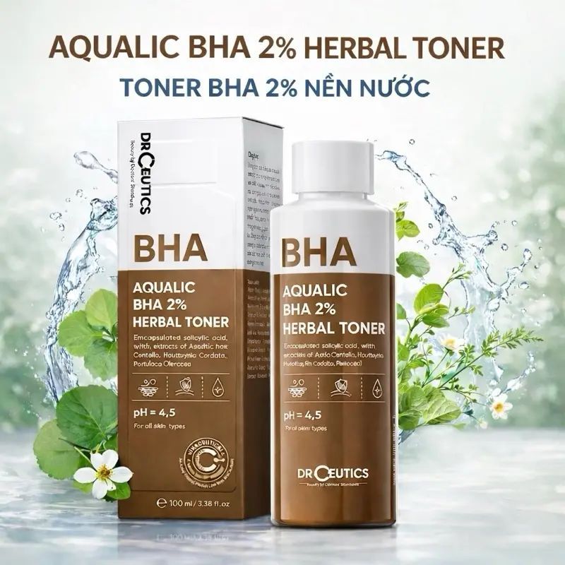 Toner BHA 2% Nền Nước Tẩy Tế Bào Chết Cho Da Dầu Mụn Drceutics Aqualic BHA 2% Herbal 100ml