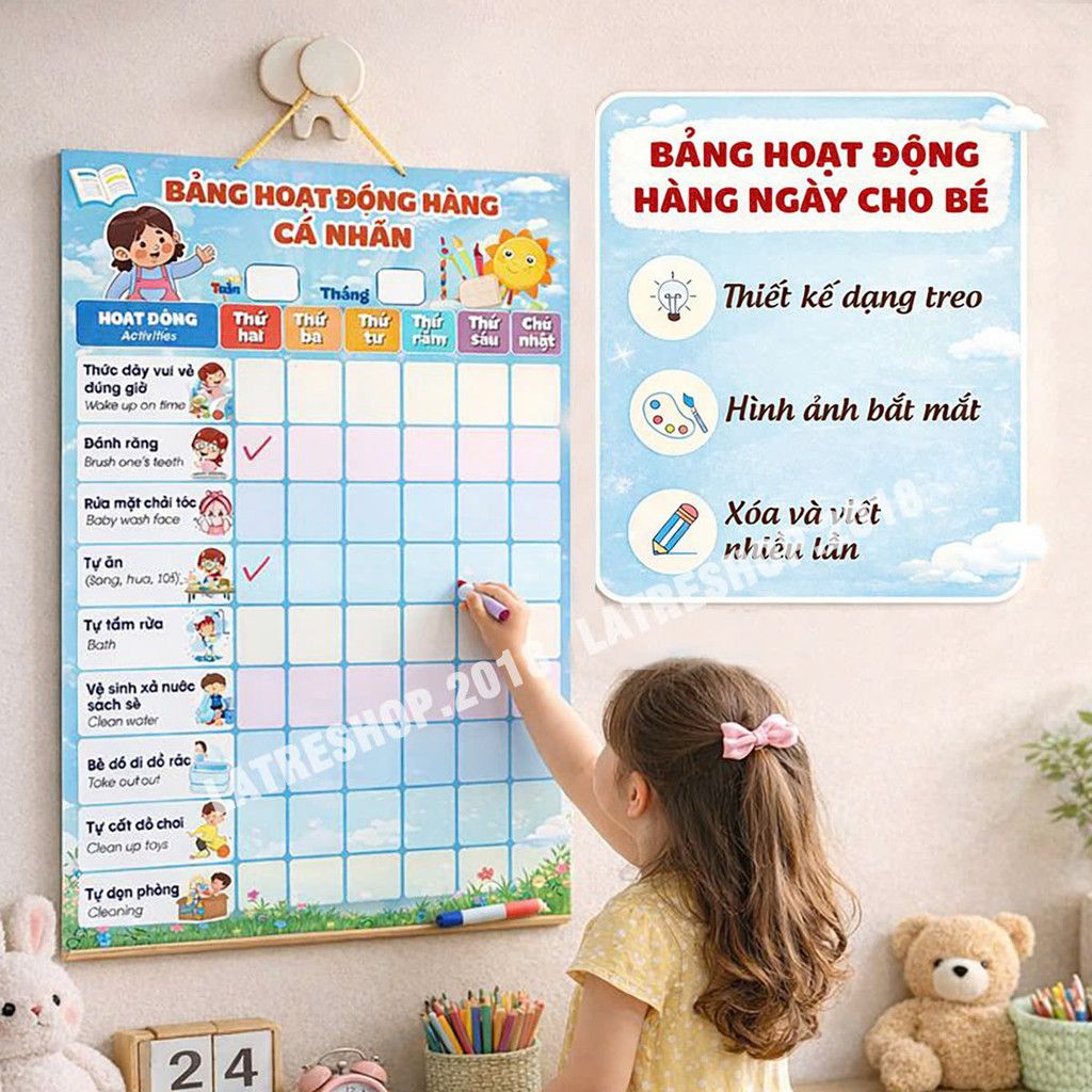 Bảng hoạt động hàng ngày khen thưởng rèn luyện kỷ luật thói quen tốt hàng ngày cho bé khổ A3