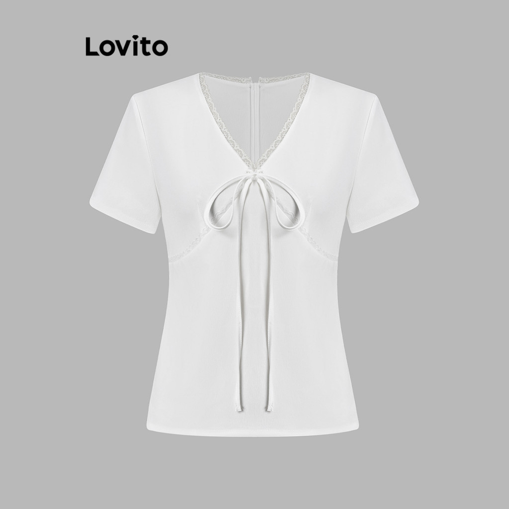 Lovito Áo Cánh Thanh Lịch Mùa Hè Cổ Bèo Nhún Buộc Dây Cho Nữ L120ED139