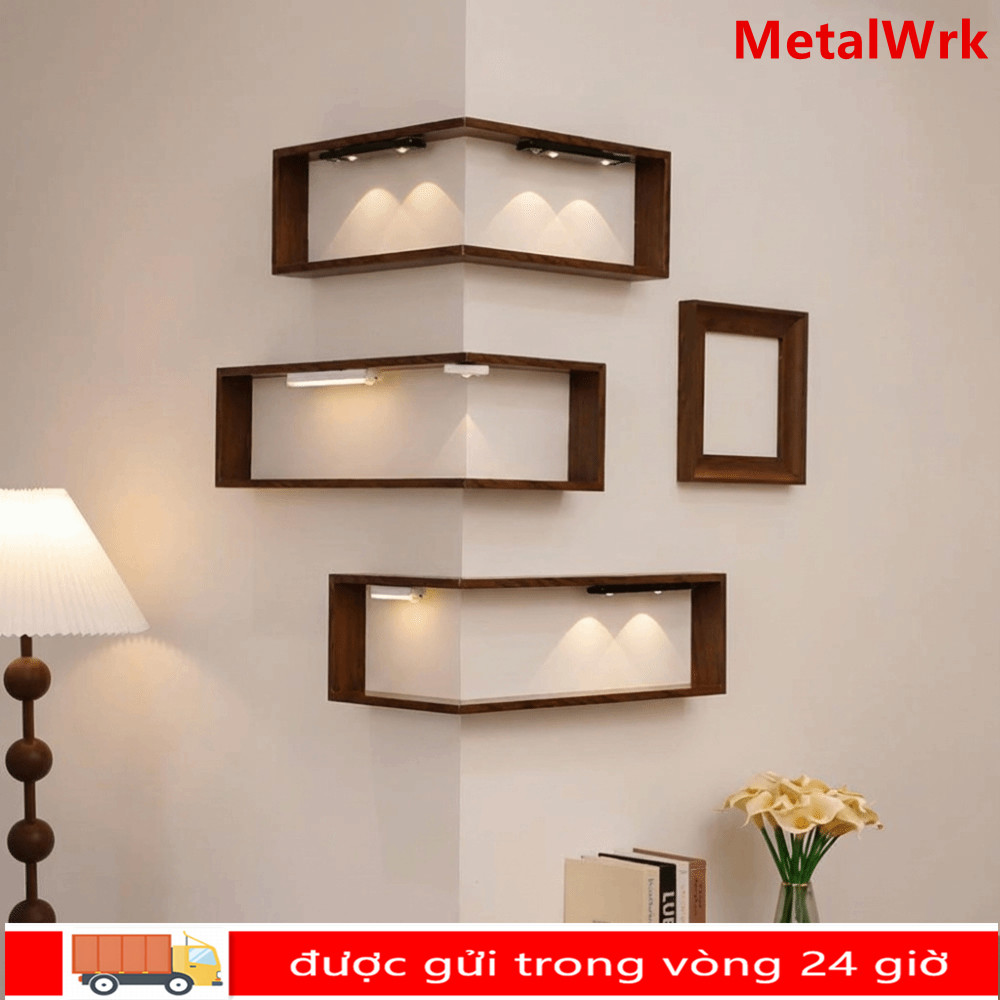 Kệ treo tường góc METALWRK, Kệ nổi treo góc, Kệ trưng bày bằng gỗ 90 độ tiết kiệm không gian tại nhà