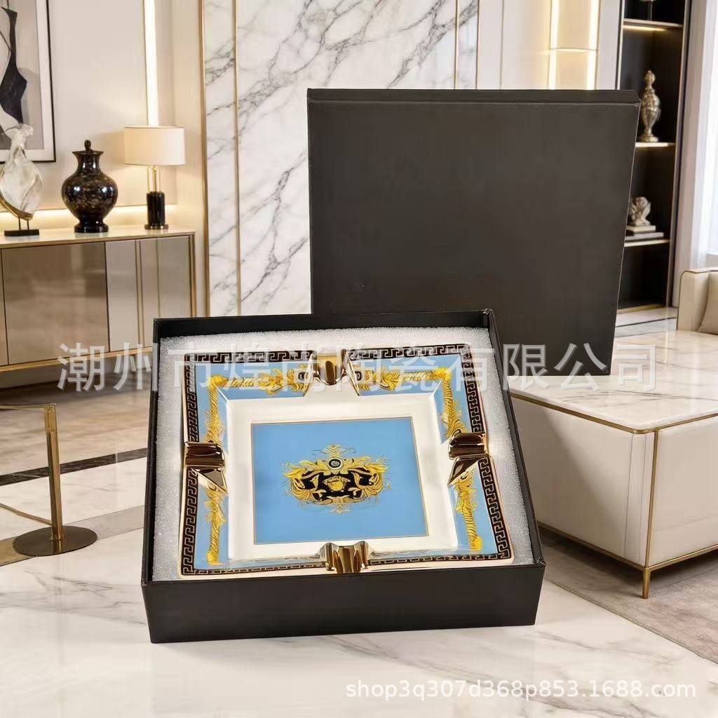 Medusa ceramic ashtray with gold trim, cigar holder for home, living room, club, cigarette dish gift