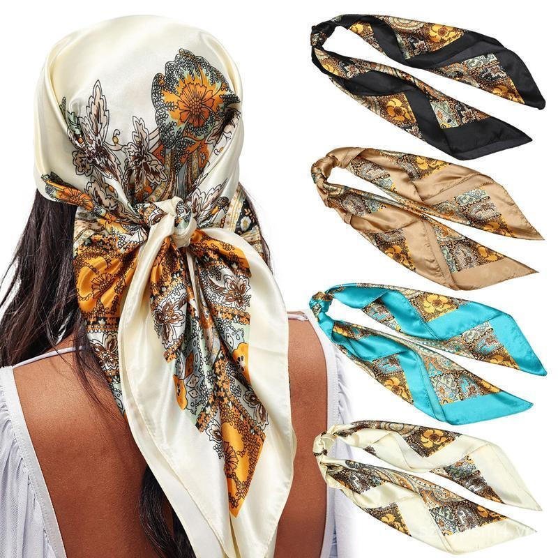 AWAYTR 4 Cái / bộ 35 ” Khăn quàng cổ đầu vuông lớn lụa như khăn quàng cổ Bandana Tóc quấn đầu ngủ Kh