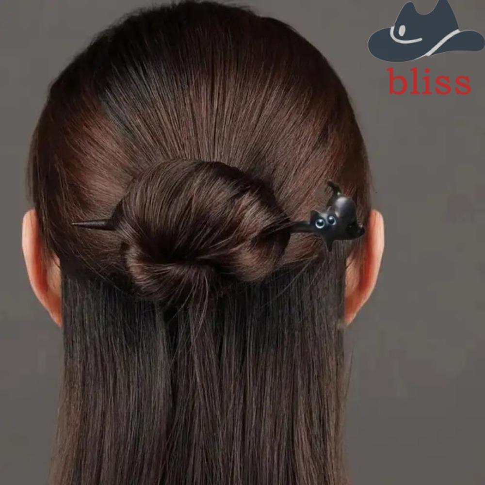 BLISS Blackwood Kitty Hair Stick, Kẹp tóc mèo bằng gỗ đàn hương sáng tạo, Trang sức bằng gỗ Vintage 