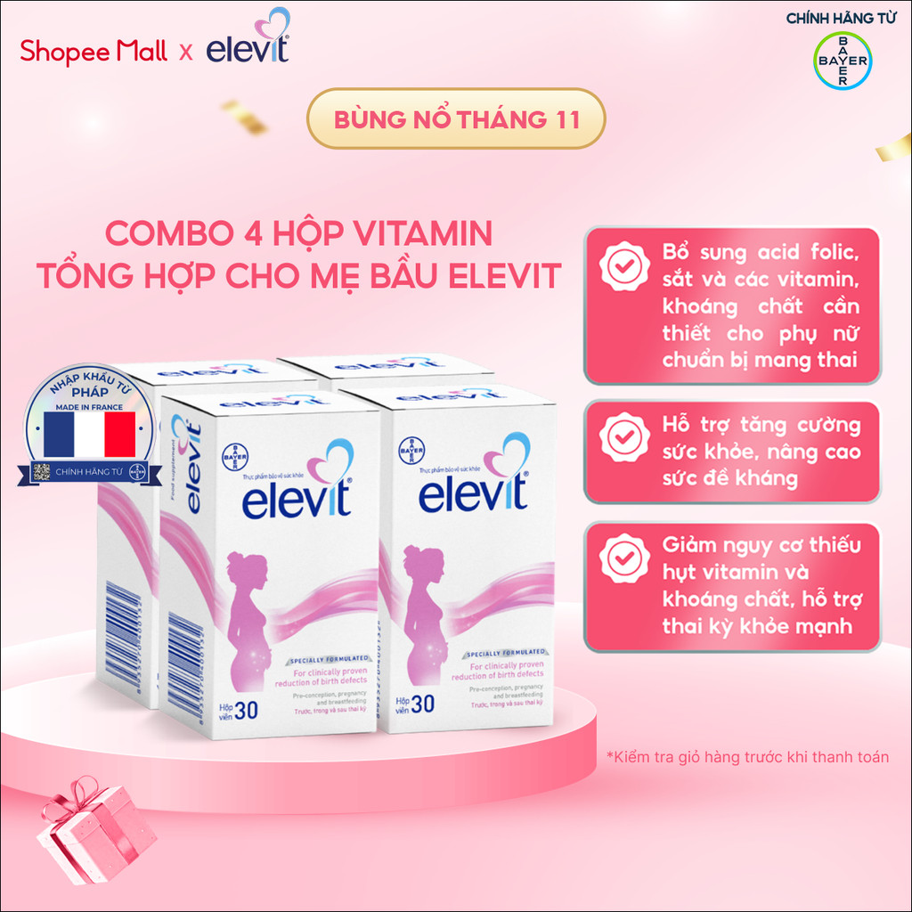 Bộ 4 Thực phẩm bảo vệ sức khỏe Elevit bổ sung Acid Folic, Sắt, Canxi, Các Vitamin và Các khoáng chất