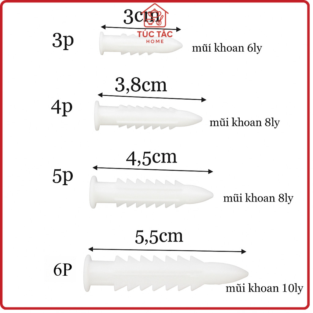 Tắc Kê Nhựa Gắn Tường 3P–8P Bịch 10 Con | Tắc Kê Khoan Tường Chắc Chắn, Dễ Lắp, Bền Bỉ
