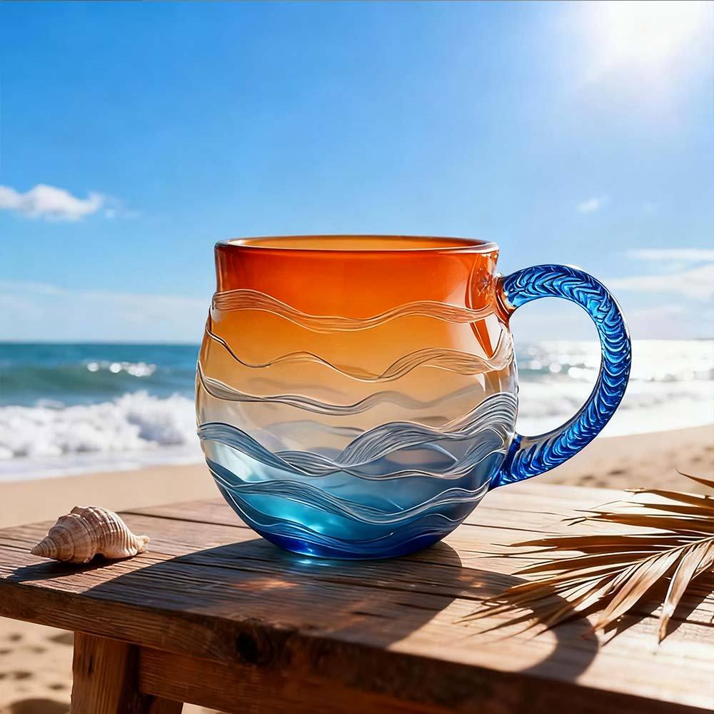 Sea Glass Wave Mug Handblown Ocean Wave Glass Mug Cup Unique Textured Beach Theme Mug