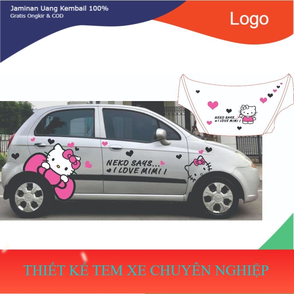 DECAL TEM DÁN XE KIA MORNING , XE SPARK , XE HUYNDAI I10 , MATIZ , MẪU TEM HELOKITY HỒNG VIP