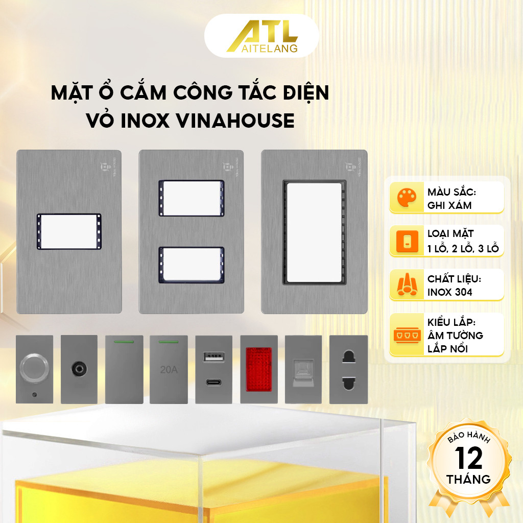 Mặt ổ cắm công tắc điện VinaHouse, ổ cắm vỏ Inox màu ghi xám, bền đẹp, dễ lắp đặt, an toàn điện
