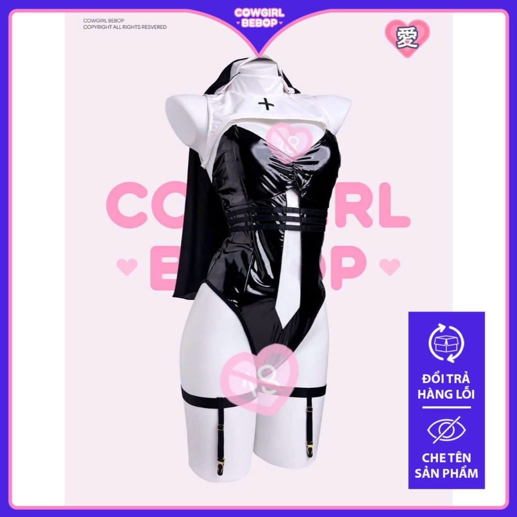 Set cosplay nữ tu sexy da bóng – Đồ ngủ Bodysuit bó sát cut-out gợi cảm – CowGirl BEBOP