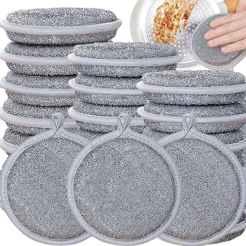 3 miếng bọt biển rửa chén tròn hai mặt, vải làm sạch dây bạc chống trầy xước, miếng cọ rửa nhà bếp c