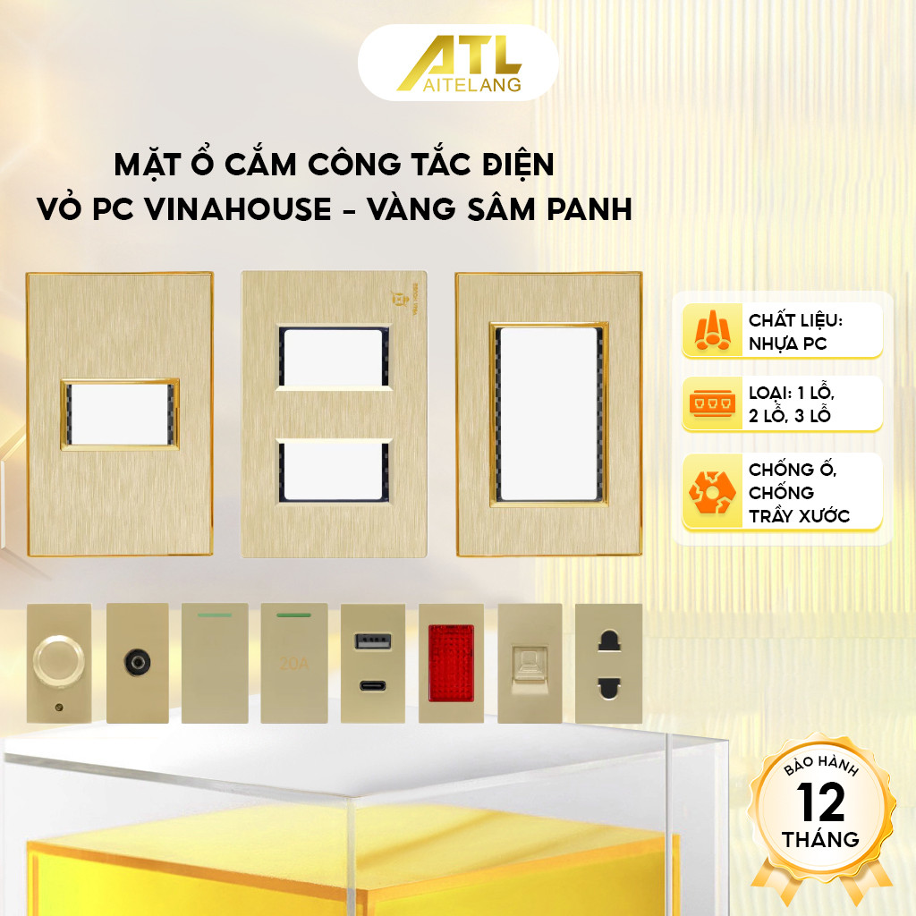 Mặt ổ cắm công tắc điện VinaHouse, vỏ nhựa PC vàng sâm panh viền vàng, bền đẹp, dễ lắp đặt