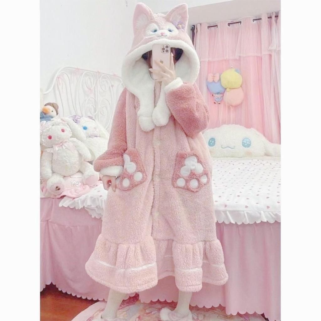 [QC][40-70kg]Áo choàng/Váy ngủ lông dài tay CÁO HỒNG mềm mại ấm áp Xưởng may Sm