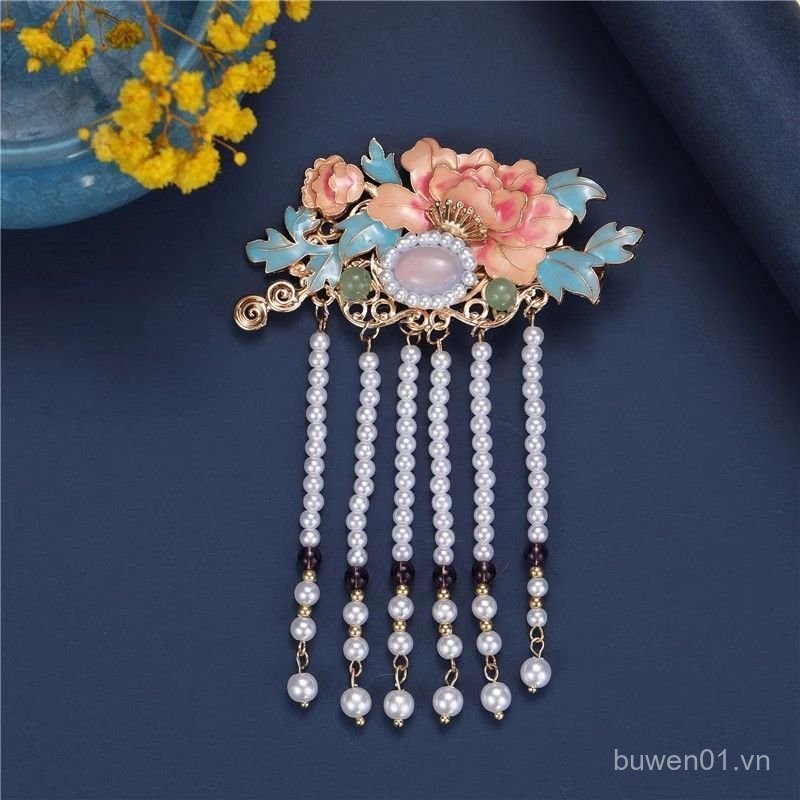 Mũ đội đầu xanh sen handmade phong cách retro với tua rua ngọc trai - SiHua 2ESG