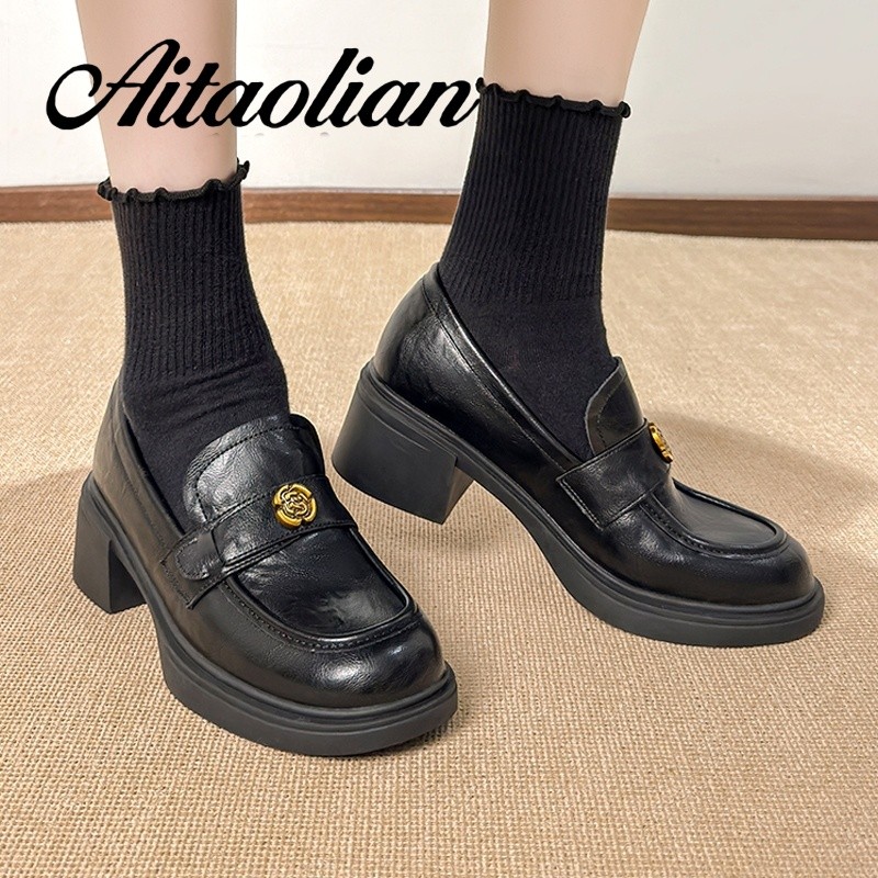 (Size 34-40) Da Thật Chính Hãng Giày Cao Gót Cao 5cm Giày Nữ Cổ Điển Giày Đế Bằng Phong Cách Anh Da 