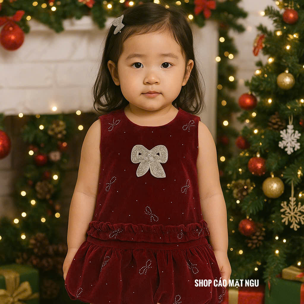 [HỎA TỐC] Váy nhung màu đỏ cho bé gái 9-40kg hãng June cho Giáng sinh Lễ Tết Đầm Noel cho bé