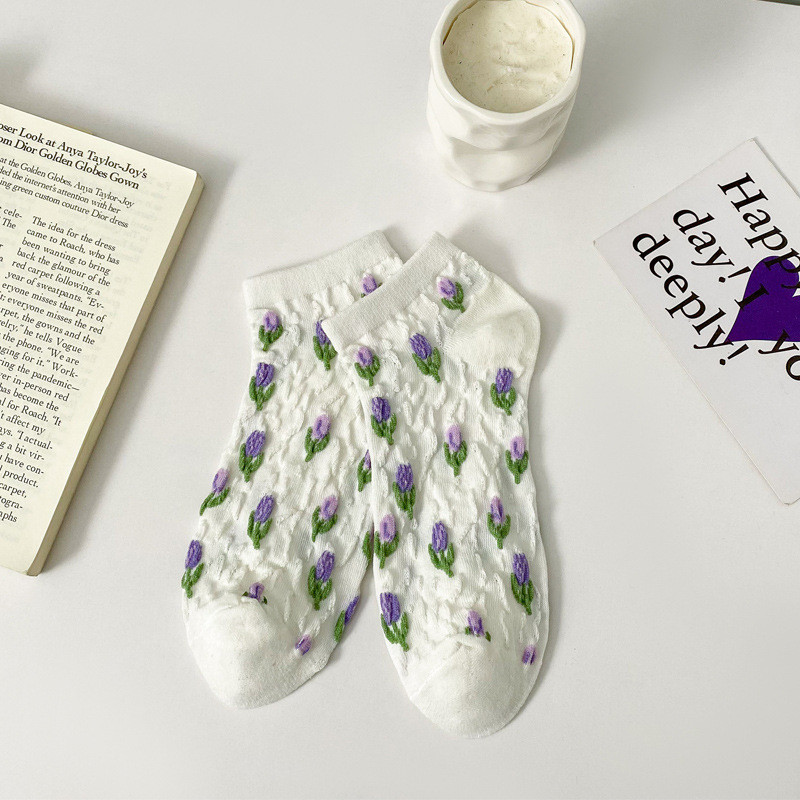 [OK Cuộc sống thể thao] Tất nữ mùa xuân hè Phong cách nữ tính dễ thương Tất hoa Tulip tươi đầy màu s