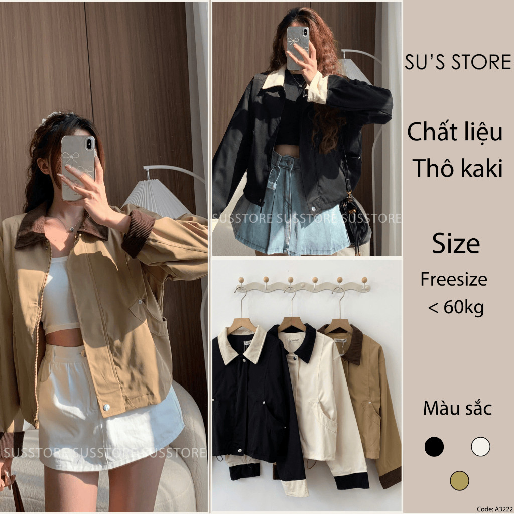 Áo Khoác Thô Kaki Cổ Phối Nhung A3222 SU CHANG Thời Trang Nữ