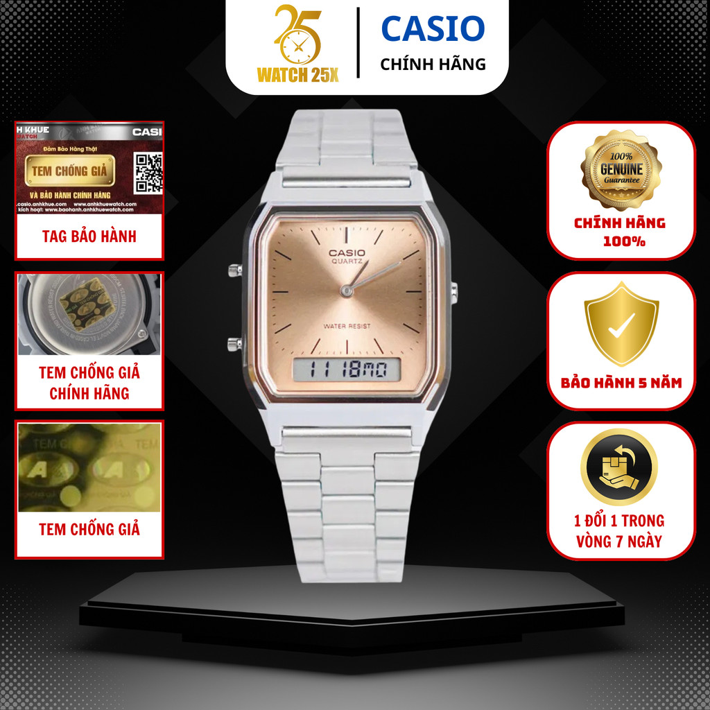 Đồng Hồ Casio AQ-230A-4AMQYDF Watch25x – Mặt Vuông Vàng Hồng Thanh Lịch, Dây Kim Loại Bạc Thời Trang