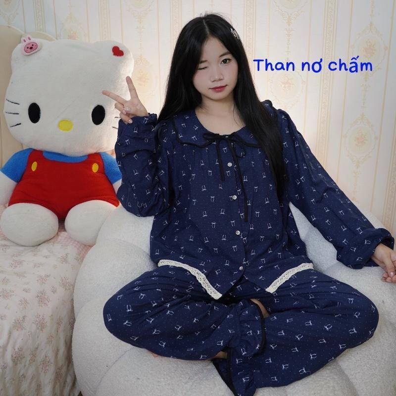DÀI TAY Cổ SEN bộ ngủ nữ tiểu thư cổ sen vải đũi bôngmây mùa thu mặc đi ngủ thoải mái Women Quần Ngủ Áo Ngủ Cotton sen 5 | BigBuy360 - bigbuy360.vn