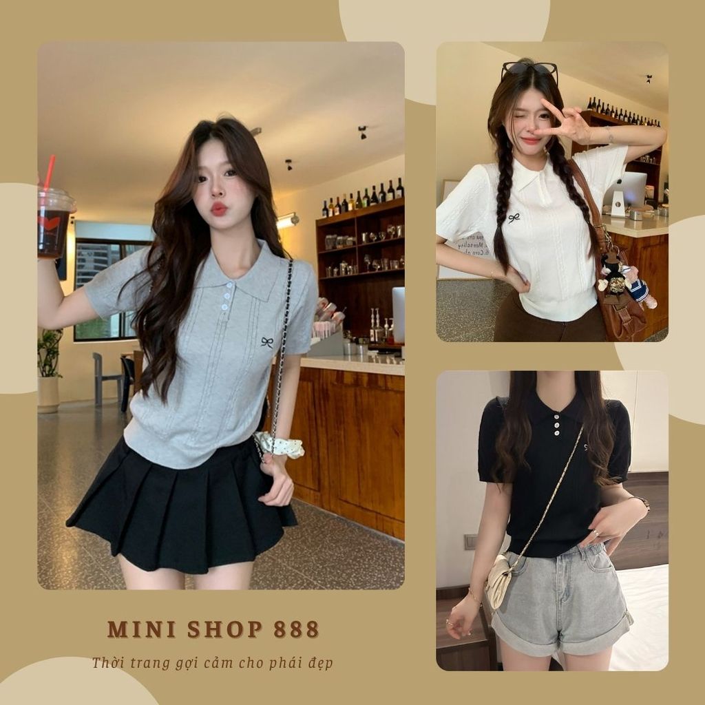 Mini shop 888 Áo Len Nữ Mỏng Ngắn Tay Chất Len Mềm Hàng Thiết Kế, Vặn Thừng Cổ Bẻ Phối Cúc Thêu Nơ, 