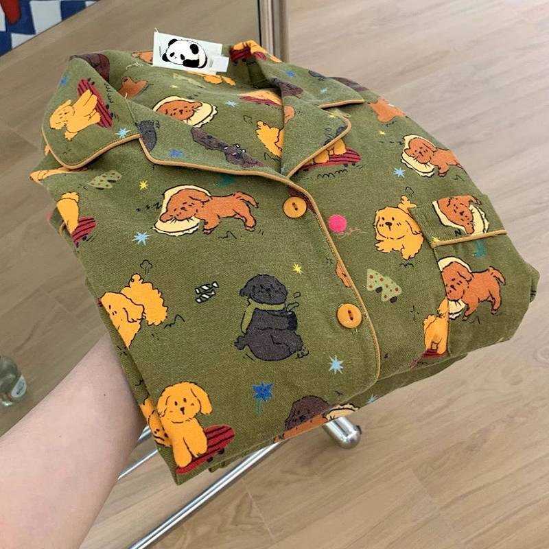 Cute Puppy Printed Long-Sleeved Cotton Pajamas Women's Spring and Autumn Suit Cute Puppy Printed Lon