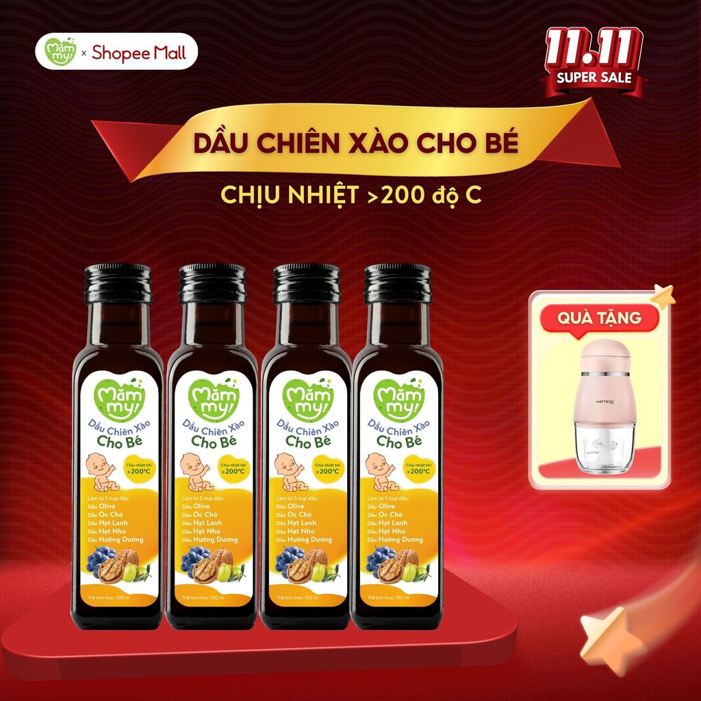 Combo Dầu chiên xào cho bé Mămmy 100ml chịu nóng trên 200 độ C, làm từ 5 loại dầu tốt lành