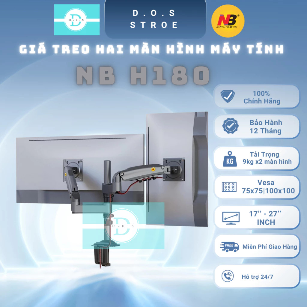[NB H180 NEW] [North Bayou] GIÁ TREO HAI MÀN HÌNH XOAY 360° [17"-27" Inch] Monitor ARM