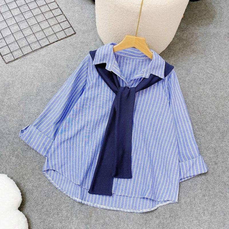 Áo Sơ Mi Bigsize Nữ Kẻ Sọc Dáng Basic Phom Rộng Phối Khăn Xinh Kiểu Thủy Thủ Thanh Lịch - (A328+A195