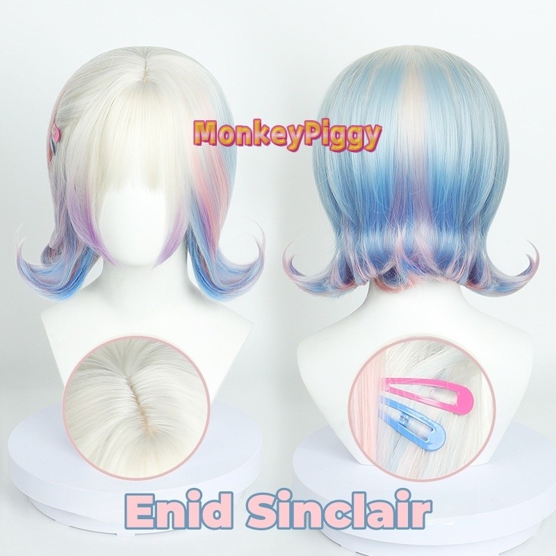 Tóc giả Enid Sinclair màu hồng xanh gradient cho cosplay, chất liệu tổng hợp chịu nhiệt