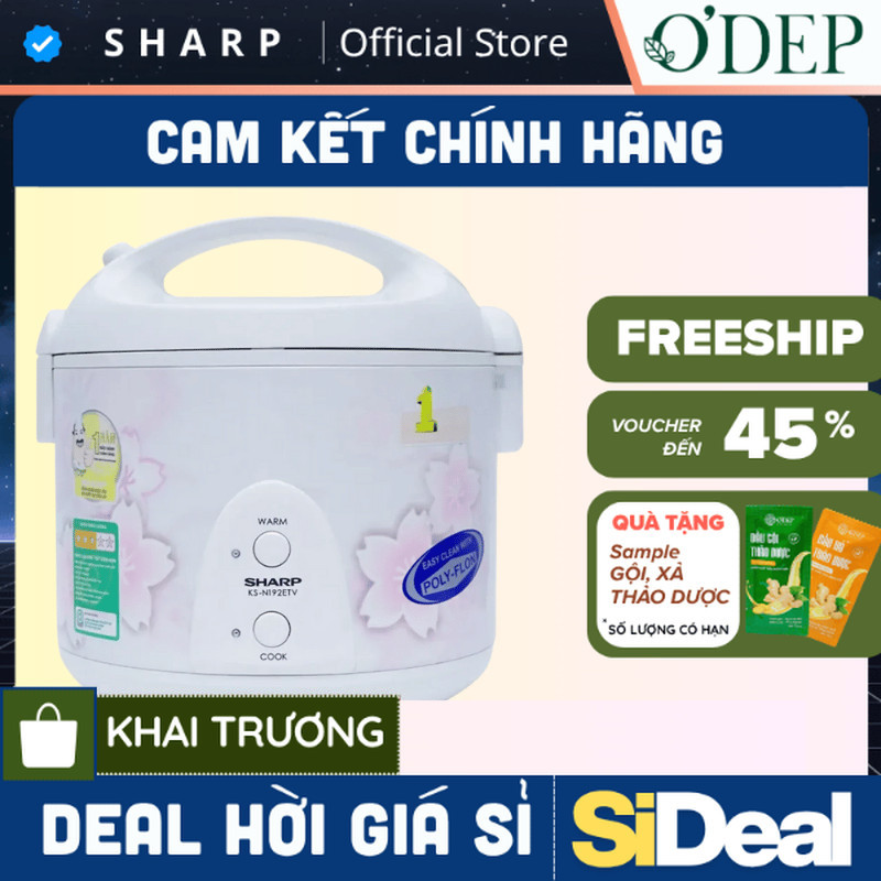 Nồi cơm điện nắp liền Sharp KS-N192ETV 1.8L, SX Thailand [ Lòng nhôm chống dính] - SIDEAL SIO