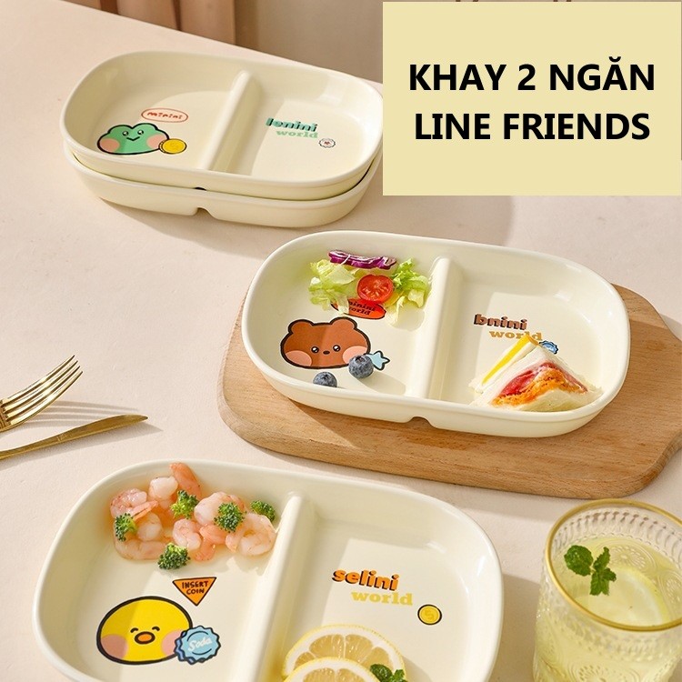 Khay Sứ 2 Ngăn LINE FRIENDS Lenini , khay đựng cơm, salad, ăn dặm, decor bàn ăn – TIỆM SỨ XINH