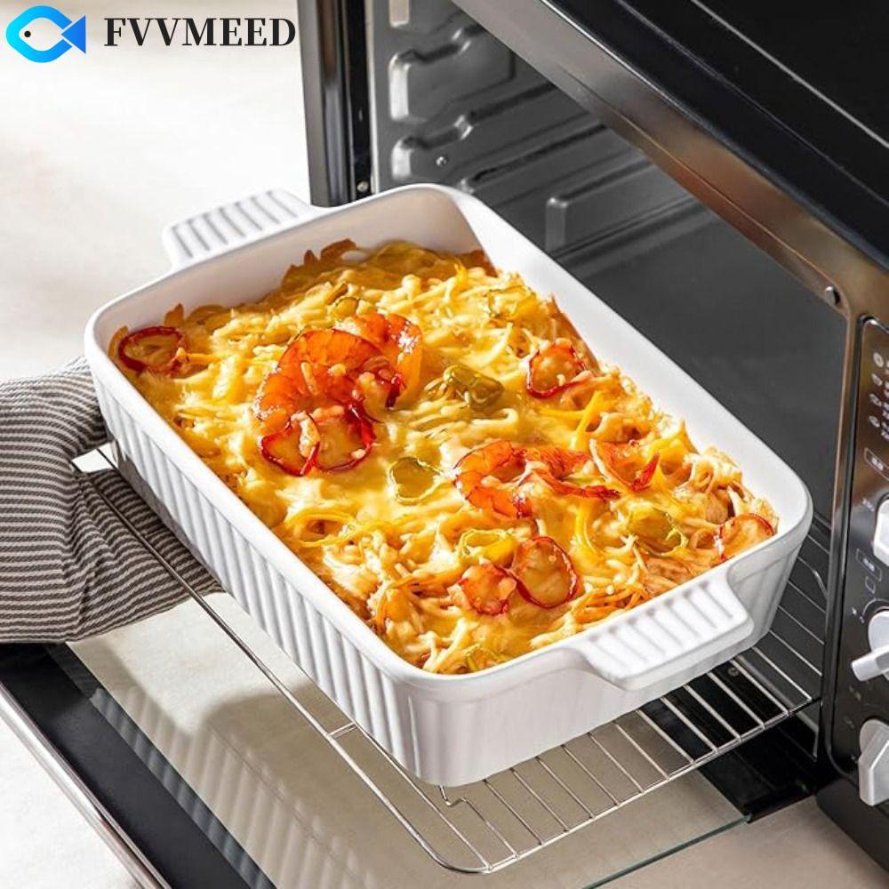 Đĩa nướng bánh FVVMEED, Khay nướng gốm sứ sâu hình chữ nhật, Đĩa hầm có tay cầm họa tiết sọc Lasagna