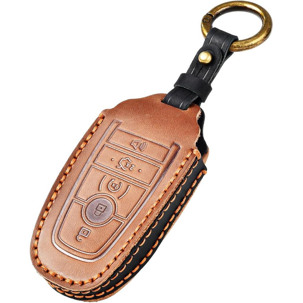 Vỏ chìa khóa da OFFCURVE, Màu nâu - Phù hợp với Ford Mustang, Fusion, F250, F350, F450, F550, Edge, 
