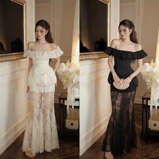  Bigsize Set áo bẹt vai kèm chân váy ren hoa dáng dài sang chảnh 55-95kg S687 