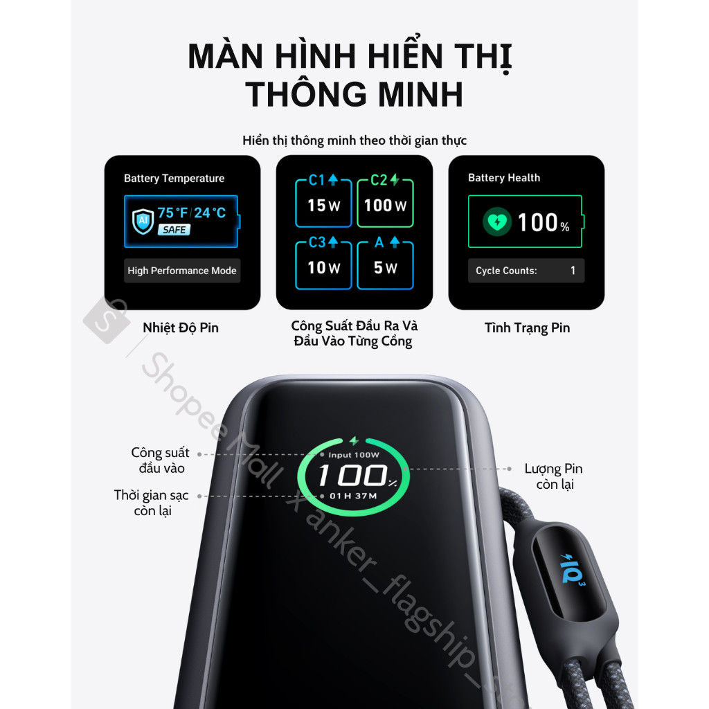 [TặngQuạtMini] Sạc dự phòng ANKER Zolo 25kmAh | Công suất 165W | Tích hợp 2 cáp USB-C rút gọn | Có màn hình - A1695 | BigBuy360 - bigbuy360.vn
