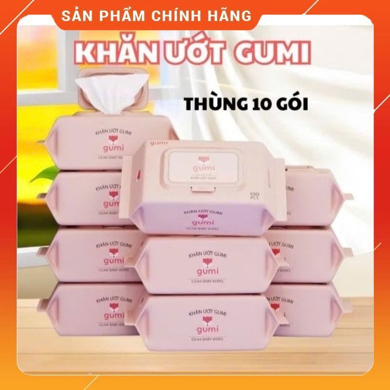 Thùng 10 gói khăn ướt 100 tờ Gumi không cồn,không parabens cao cấp dành cho bé 